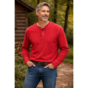 Mens Plugg Thermal Red Henley Button Long Sleeve Jersey Shirt Size L